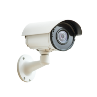 Surveillance camera mounted on wall, designed for security monitoring. This device features sleek white design and protective cover, ideal for outdoor use png
