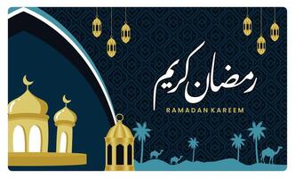 Elegant Happy Ramadan Kareem greeting card with mosque and Lantern. vector