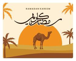 Ramadan Kareem Arabic calligraphy with camel and palm tree silhouettes. vector