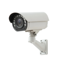 Surveillance camera mounted on wall, designed for security monitoring. This device features night vision capabilities and durable exterior for outdoor use png
