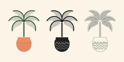 Palm tree illustration, silhouette palm tree and hand drawn palm tree in pot design vector
