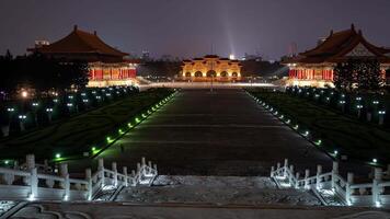 Night view of the Liberty Square with the Arch in the background in Taipei, Taiwan. A time lapse clip video