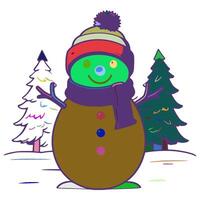 A cartoon snowman is standing in the snow. He is wearing a blue scarf and a red and green hat. There are two trees next to the snowman. vector