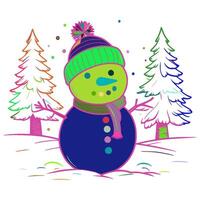 Snowman is wearing a green hat with a pink pom pom on the top. He has a blue nose and a green scarf around his neck. He is standing on a blue ball. There are two snow covered trees behind him. vector