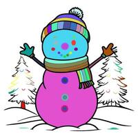The snowman is wearing a hat and scarf. The hat is multicolored. The scarf is green and brown. There are three circular circles on the snowman's head. vector