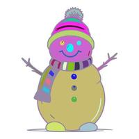 The snowman is wearing a pink and purple hat. The hat has a pom-pom on top of it. The nose of the snowman has a big smile on it's face. There is a scarf around the neck that is multicolored. vector