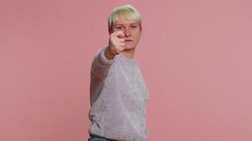 Angry aggressive greedy woman showing fig negative gesture, rapacious, avaricious acquisitive video