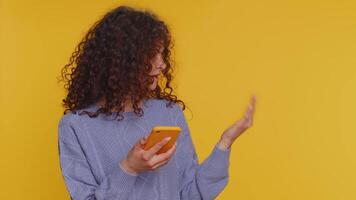 Young using smartphone show thumbs up like, recommends wifi connection 5G, pointing empty place video