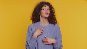 Confused upset young caucasian woman pointing fingers herself, rejection, refusal problem, stop sign video