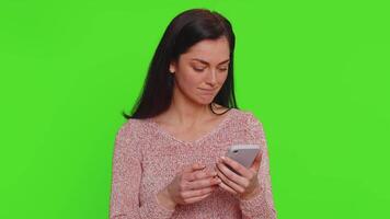 Woman use smartphone typing browsing, loses becoming surprised sudden lottery results, bad fortune video