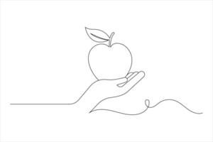 Apple fruits holding hand one line drawing of isolated continuous outline icon vector