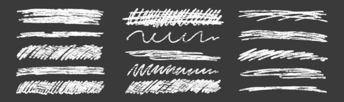 Set of chalk underline lines and texture emphasis. Crayon scribbles on a black background. Handwriting illustration. vector