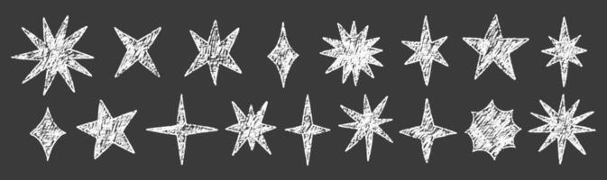 Crayon twinkle, blink, firework, stars and glowing symbols in hand drawn style. Grunge chalk figure on a black background. Texture illustration. vector