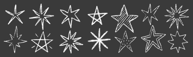 Crayon twinkle, blink, firework, stars and glowing symbols in sketch style. Grunge chalk figure on a black background. Texture illustration. vector