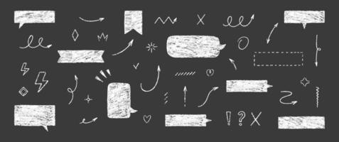 Set of text boxes, lightning, exclamation, cross and speech bubbles with crayon or chalk texture. Outline frames and arrows. Japan handwritten illustration on a black background. vector