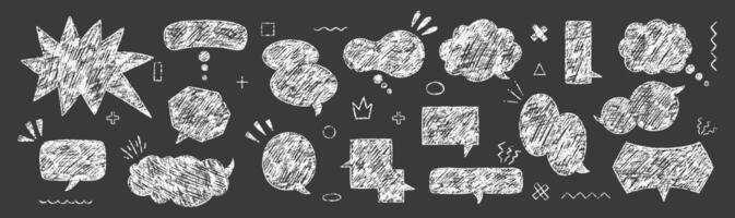 Set of hand drawn grunge crayon, charcoal, chalk speech bubbles in doodle style. White text boxes with emphasis on a black background. Japan handwritten illustration. vector