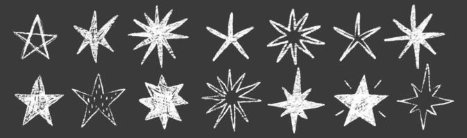 Crayon stars and blinks in sketch style. Grunge chalk figure on a black background. Texture illustration. vector