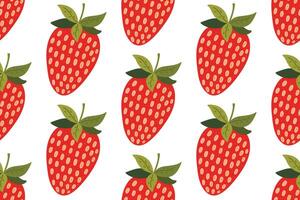 Seamless pattern with cute red strawberry in simple flat naive childish doodle style. Minimalist berry ornament vector