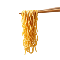 A close-up of delicious, tossed noodles held by chopsticks on transparent background. png