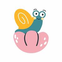 Cute snail is sitting on flower. illustration for children in style of doodles. Postcard design element. vector