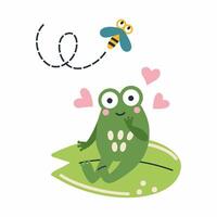 Cute frog is sitting on lily pad.illustration for children in style of doodles. Postcard design element. vector