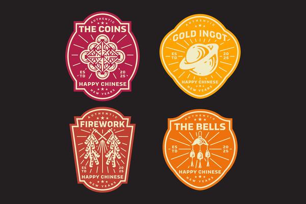 chinese triangle coins pendant, gold ingot, bells, firecrackers hanger, firework, amulet retro badge logo design collection set for chinese new year festival decoration and merchandise