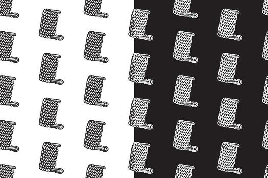 hank of rope with steel hanger doodle seamless pattern on black white background set. hatching skein of cord background. hank of rope engraving wallpaper. pattern background with ropes for adventure vector