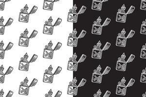 fire lighter with jerrycan shape doodle seamless pattern on black white background set. engraving lighter background. lighter hatching wallpaper. pattern background with fire lighter for adventure vector
