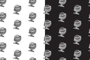 earth globe model doodle seamless pattern on black white background set. hatching geographical globe background. globe engraving pattern wallpaper. pattern background with globe ball for adventure vector