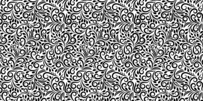 Black and white seamless pattern with leaves and curls. Monochrome abstract floral background. Stylish monochrome texture. vector
