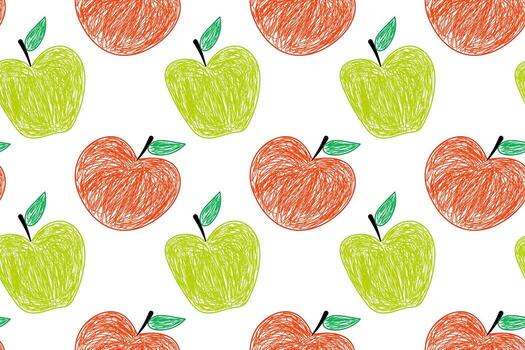 Vibrant hand-drawn red and green apples with leaves in a seamless pattern, cheerful and playful design on white. vector