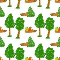 Whimsical hand-drawn hedgehogs with apples, trees, and bushes in a seamless pattern. Fun, colorful design on white. vector