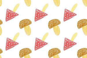 Hand-drawn mushrooms and red amanitas in a whimsical seamless pattern on a white backdrop. vector