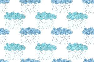 A seamless pattern of hand-drawn blue and teal rain clouds with sketch-style raindrops, perfect for backgrounds, prints, and weather-themed designs. vector