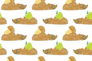 Playful seamless pattern of hand-drawn hedgehogs carrying green apples and mushrooms in a whimsical cartoon style. vector