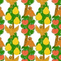 Vibrant seamless pattern featuring hand-drawn orchard trees, colorful apples, pears, and cheerful birds. vector