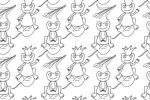 Seamless black-and-white pattern featuring frogs, cattails, and lily pads. Great for children coloring activities. vector