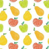 Hand-drawn apples and pears in a colorful seamless pattern on a white background, perfect for designs. vector