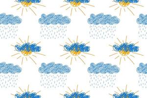 Colorful seamless pattern of hand-drawn clouds, sun, and rain in a whimsical doodle style. vector