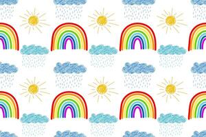 Hand-drawn rainbows, sunny and rainy weather icons in a cheerful seamless pattern with vibrant colors on white. vector