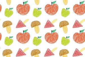 Hand-drawn apples, mushrooms, and red amanitas in a playful seamless pattern on a white background. vector
