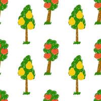 Playful hand-drawn apple and pear trees in a seamless pattern. Bright, vibrant, and whimsical illustration on white. vector