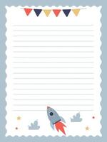 notebook page template for kids with rocket and stars vector