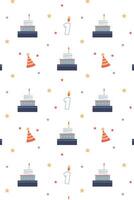 cute birthday pattern with cake, hat and stars on a white background vector