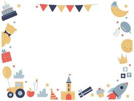 template of a bright children's frame with cute toys and empty space in the middle vector