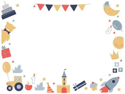 template of a bright children's frame with cute toys and empty space in the middle