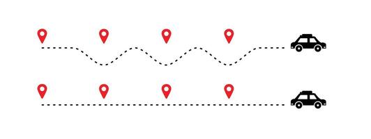 travel timeline dots, car route dotted line with red map pins, transportation route chart vector