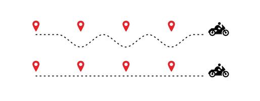 travel timeline dots, motorcycle route dotted line with red map pins, transportation route chart vector