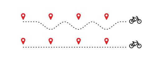 travel timeline dots, bike route dotted line with red map pins, transportation route chart vector