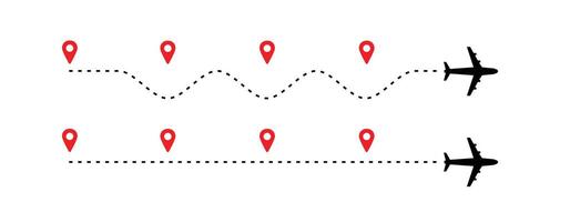 travel timeline dots, airplane route dotted line with red map pins, transportation route chart vector